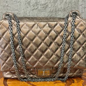 Chanel 2,55 Metallic Bronze Quilted Leather Classic Flap Shopping Tote, Chanel Card
