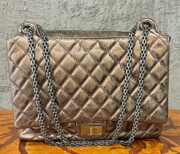Chanel 2,55 Metallic Bronze Quilted Leather Classic Flap Shopping Tote, Chanel Card