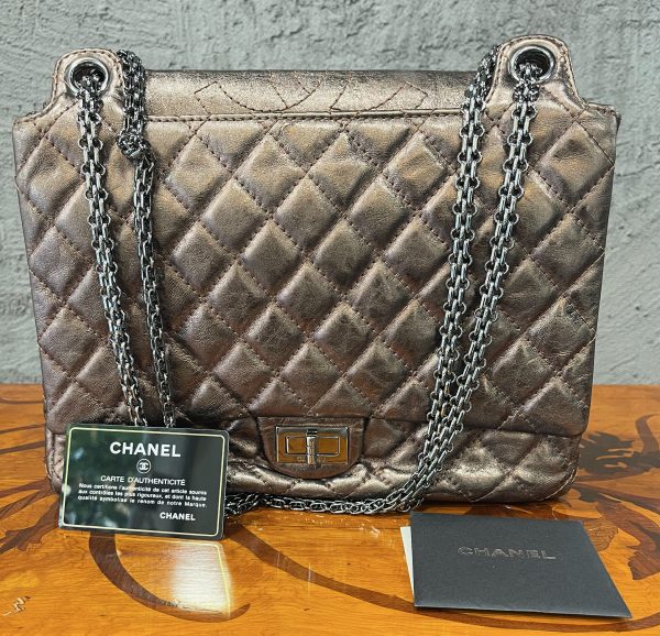 Chanel 2,55 Metallic Bronze Quilted Leather Classic Flap Shopping Tote, Chanel Card - Image 4